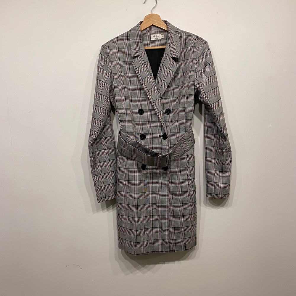 Dilara‎ x NA-KD Grey Glen Plaid Double Breasted Belted Blazer Mini Dress Size 40